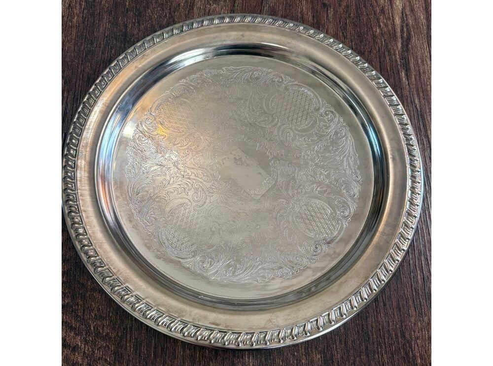 Vintage Leonard Silverplated Round Serving Tray Platter Mid Century